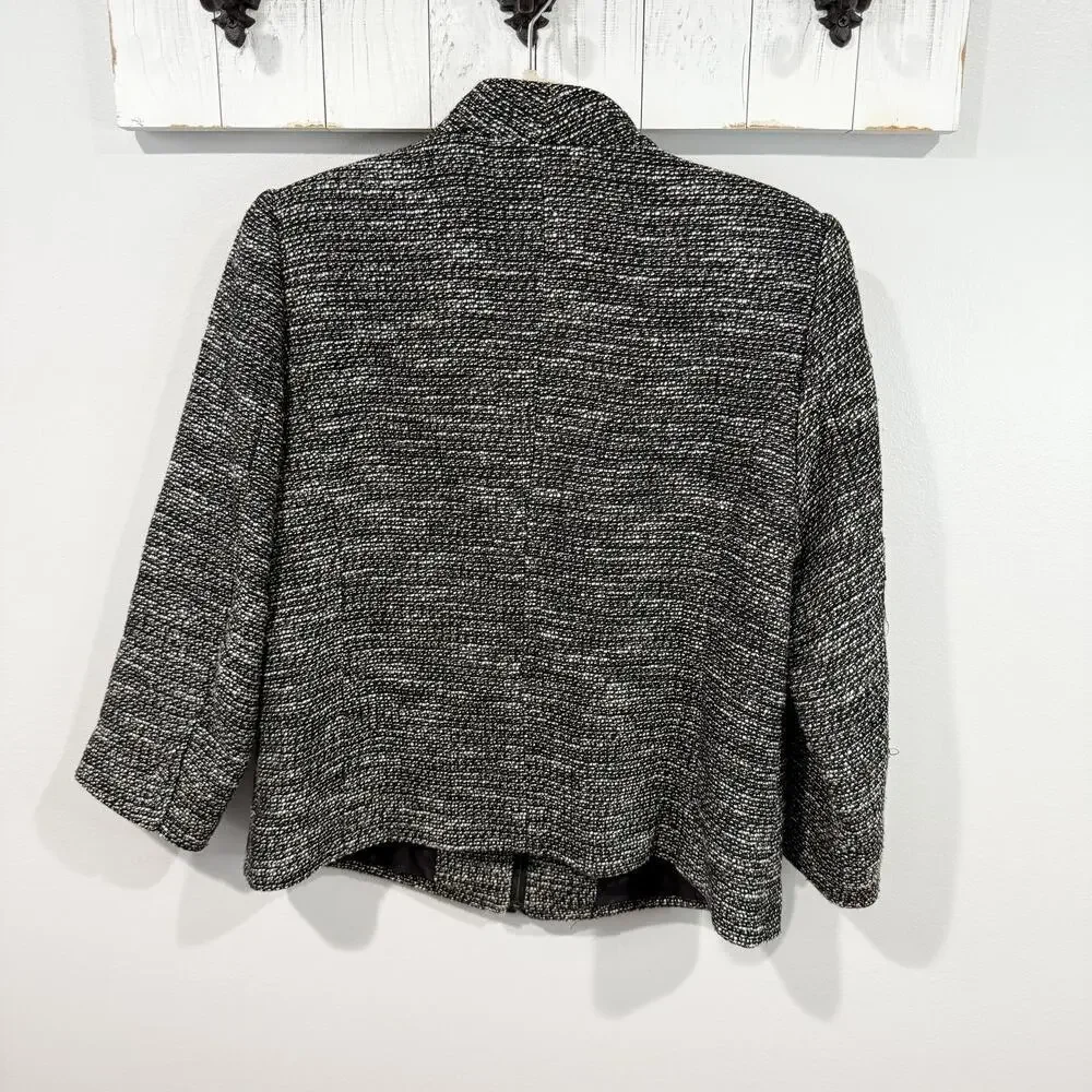 Eileen Fisher Tweed Collarless Jacket Linen Blend Leather Trim M EUC
